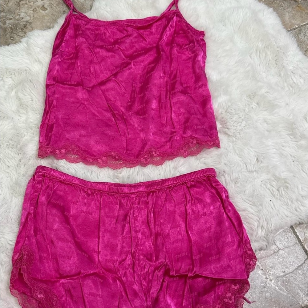 SKIMS Pink Lace Trim Pajama Set